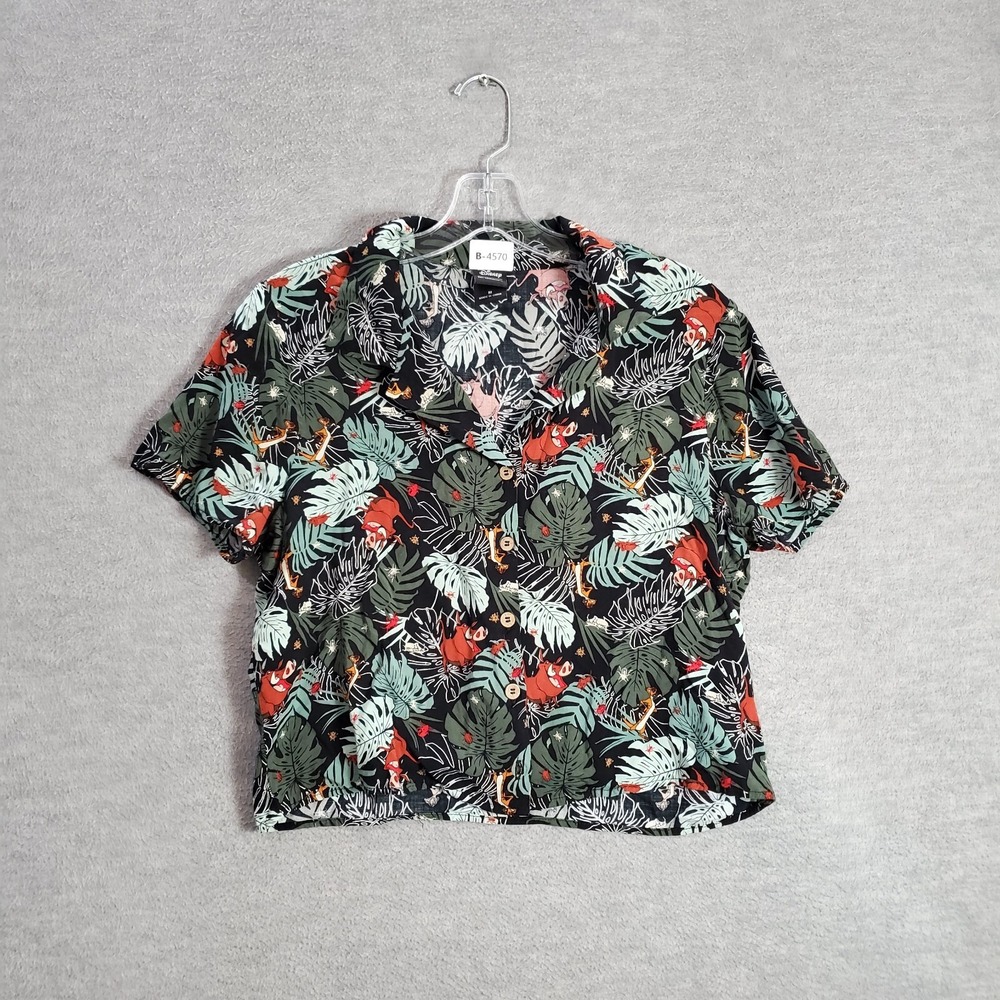 Disney Women Top Medium Green Lion King Allover Print Jungle Button Up Collar